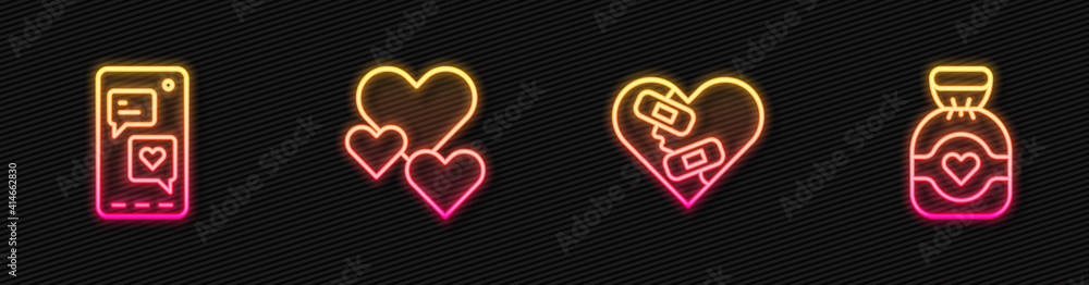 Set line Healed broken heart, Mobile with, Heart and Chocolate candy. Glowing neon icon. Vector.