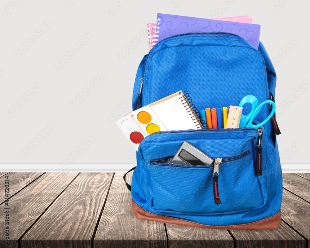 Blue School Backpack  on   background.