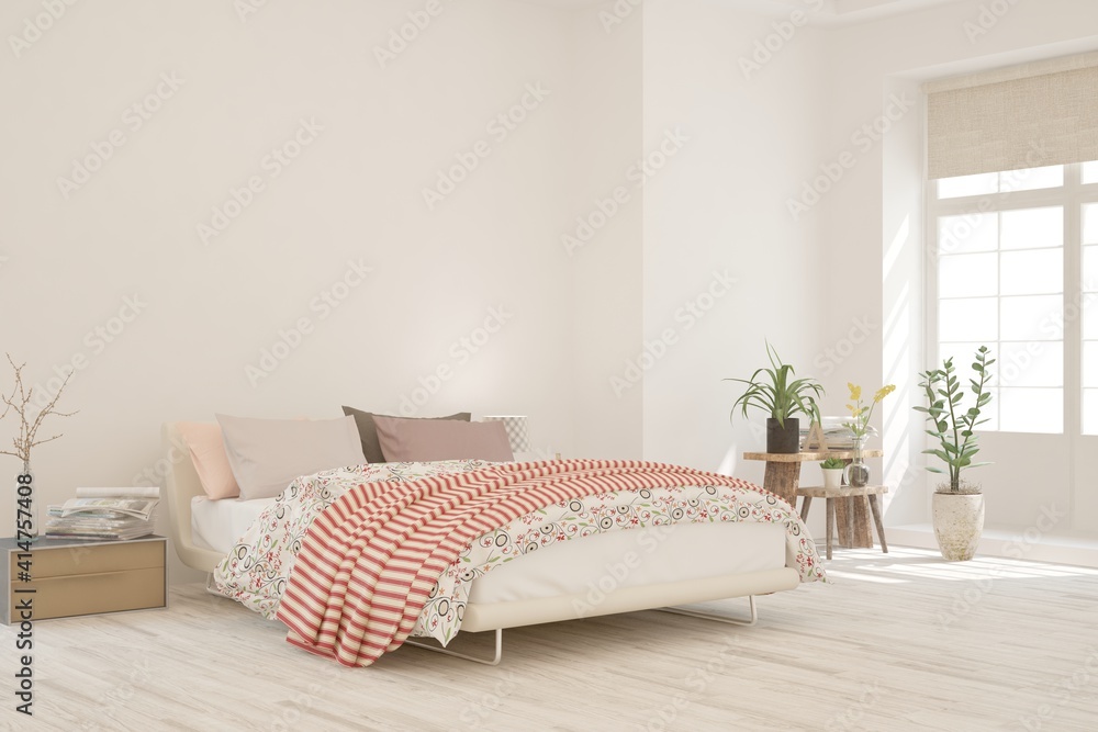 White bedroom interior. Scandinavian design. 3D illustration