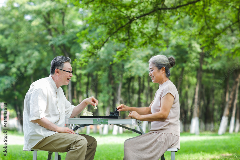 幸福的老夫妻在公园下棋