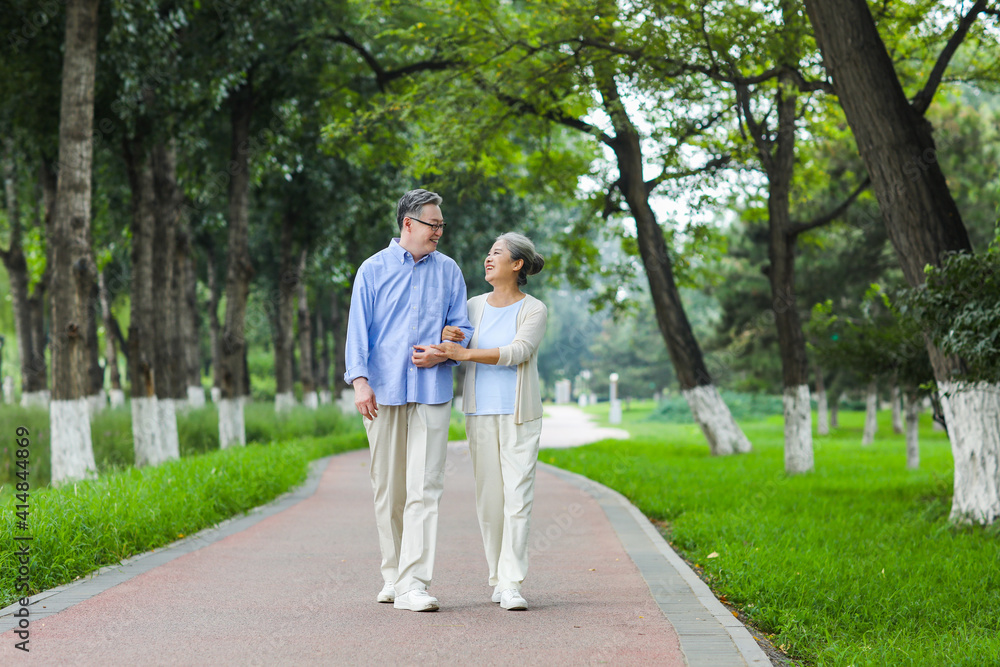 幸福的老夫妇在公园里散步