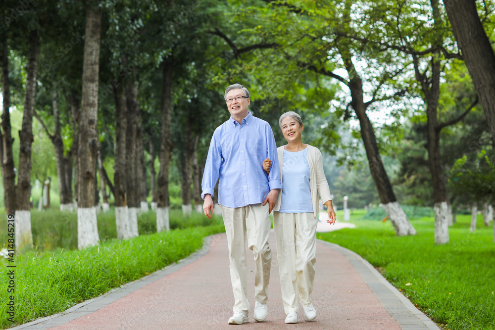 幸福的老夫妇在公园里散步