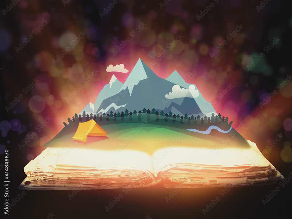 Open book with drawn mountain resort on dark background