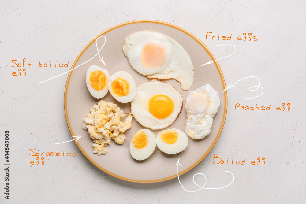 Plate with different delicious egg recipes on light background