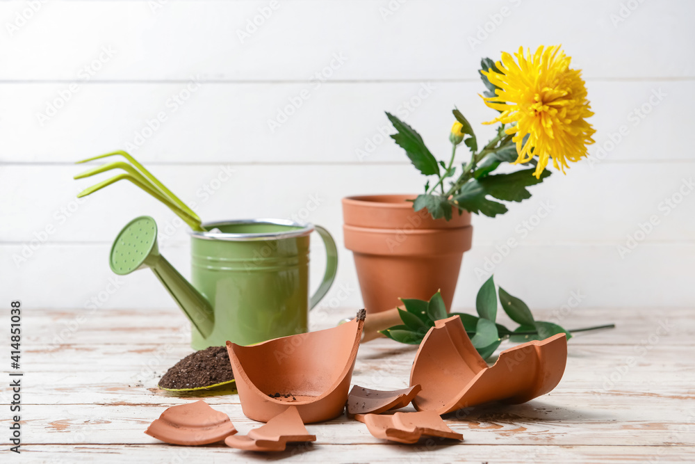 Broken flower pot and gardening tools on wooden table