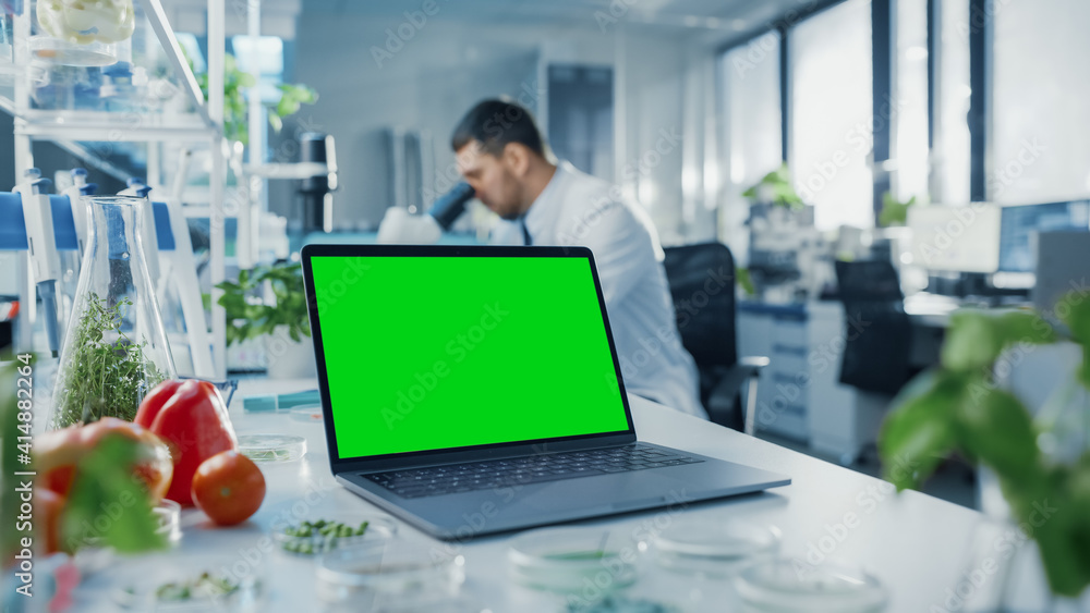 Laptop Computer with Green Screen Mock Up Display on a Table in Scientific Environment. Microbiologi