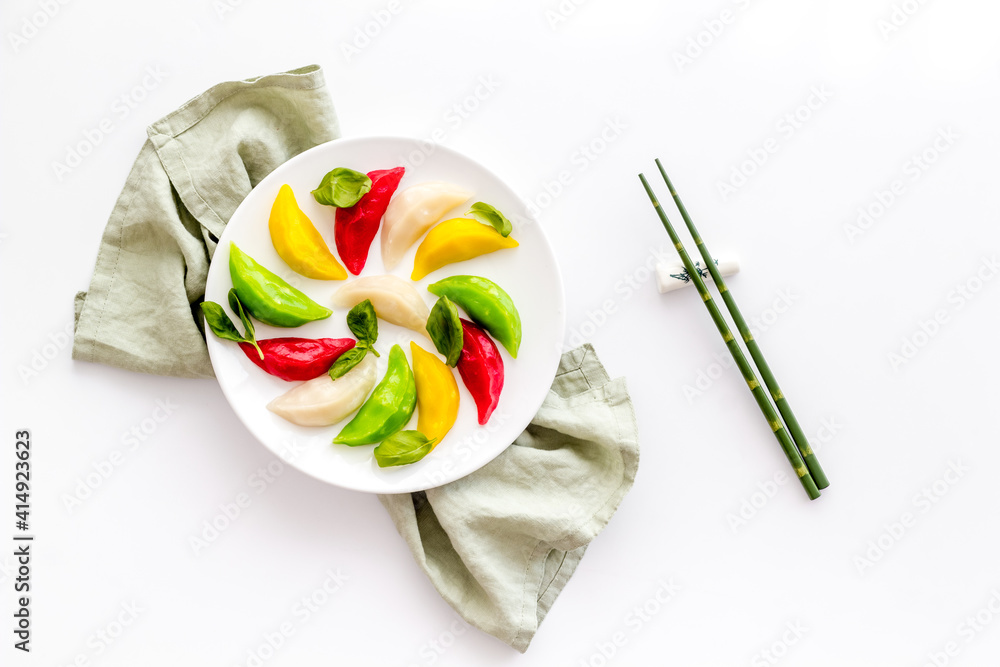 自制蔬菜饺子意大利饺子或白盘子意大利饺子，俯视图