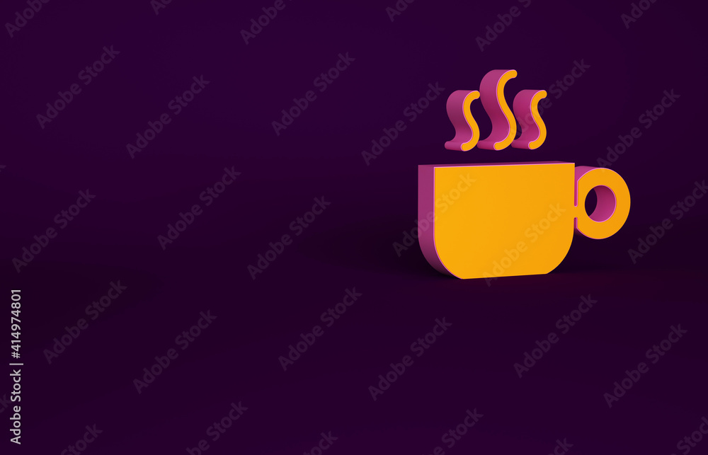 Orange Coffee cup icon isolated on purple background. Tea cup. Hot drink coffee. Minimalism concept.