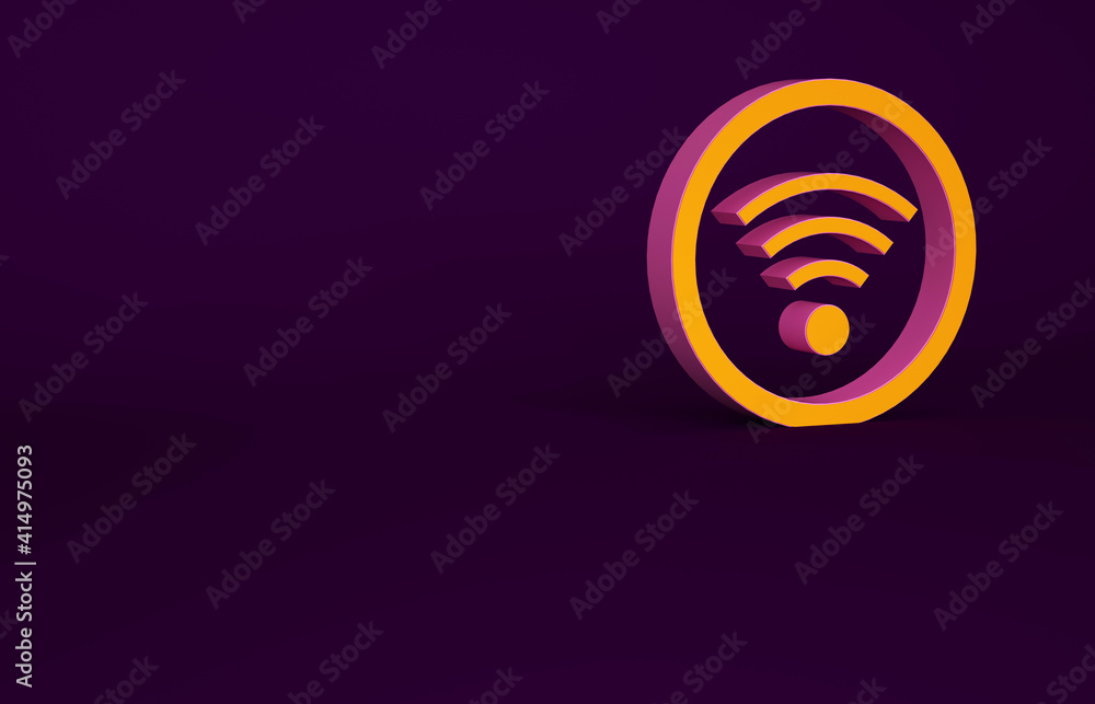 Orange Wi-Fi wireless internet network symbol icon isolated on purple background. Minimalism concept