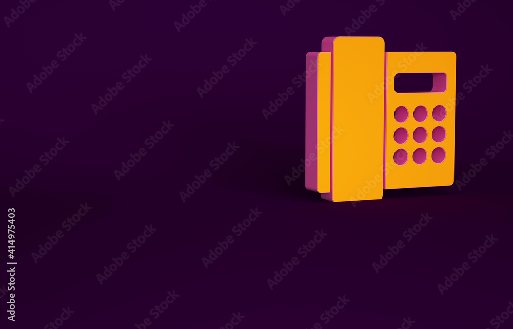 Orange Telephone handset icon isolated on purple background. Phone sign. Minimalism concept. 3d illu