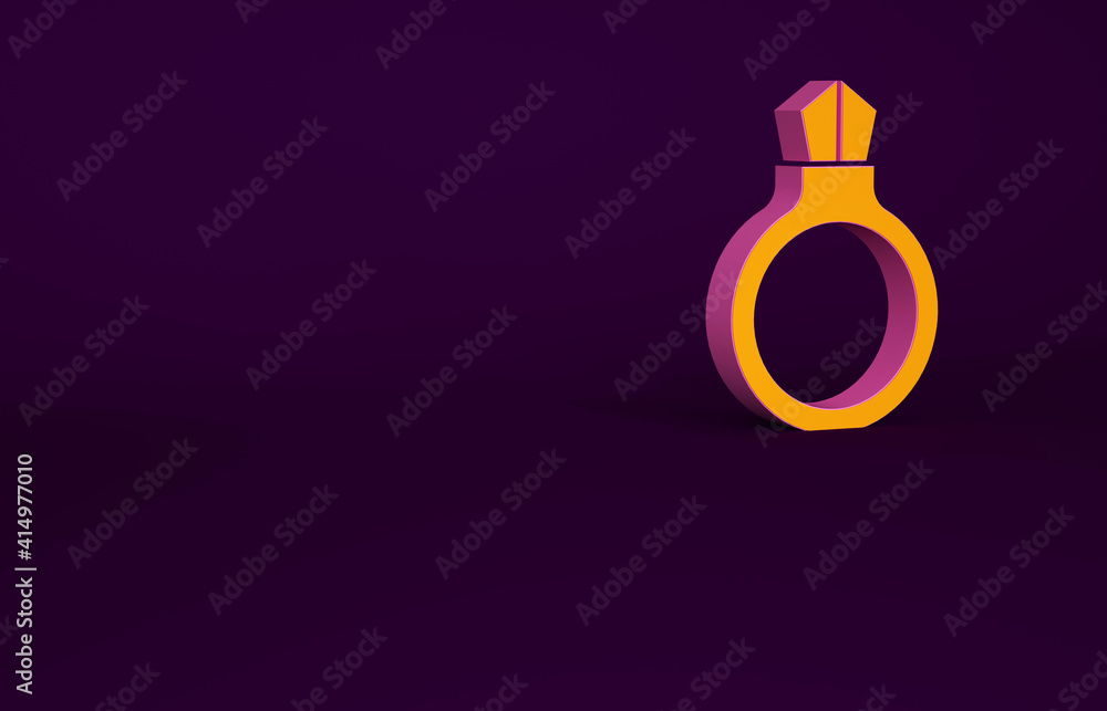 Orange Fantasy magic stone ring with gem icon isolated on purple background. Minimalism concept. 3d 