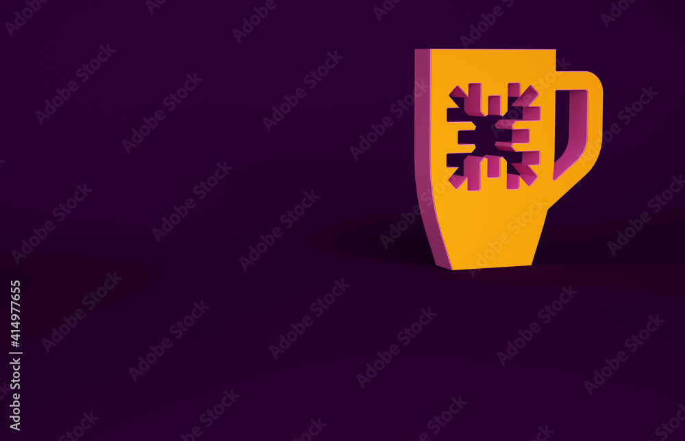 Orange Coffee cup with snowflake icon isolated on purple background. Tea cup. Hot drink coffee. Merr