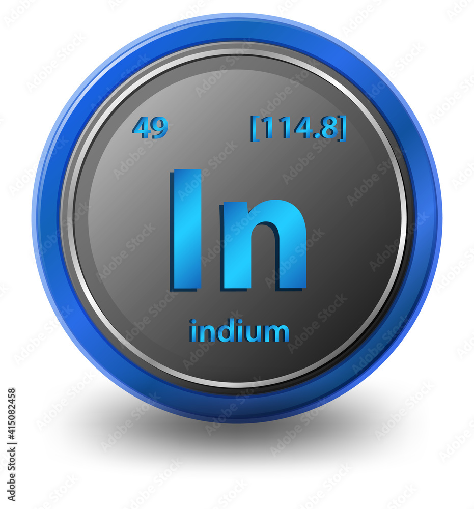 Indium chemical element. Chemical symbol with atomic number and atomic mass.