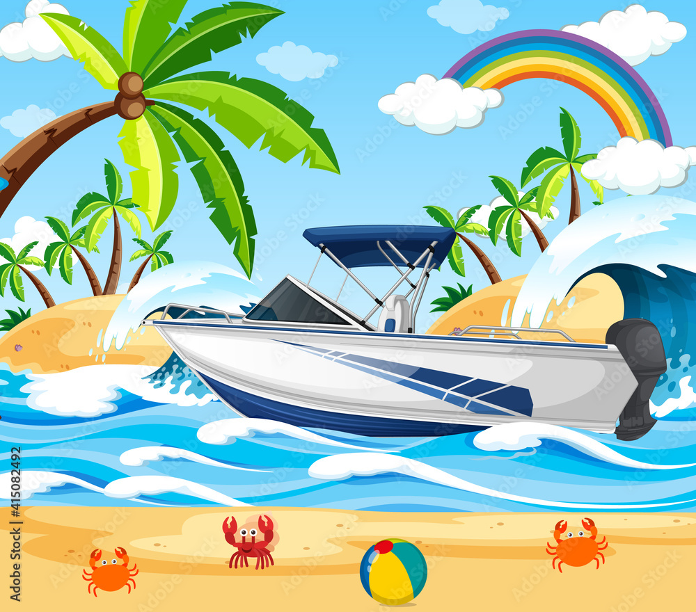 Beach scene with a speed boat