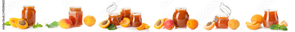 Bowl with tasty apricot jam on white background