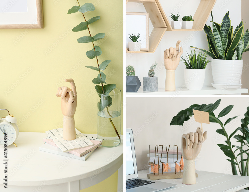 Collage of wooden hand in modern interior