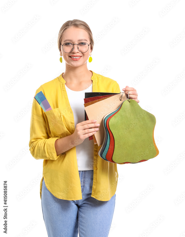 Female interior designer on white background