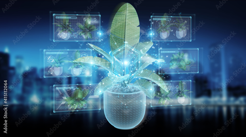 在蓝色背景下进行数字分析的植物全息投影3D渲染