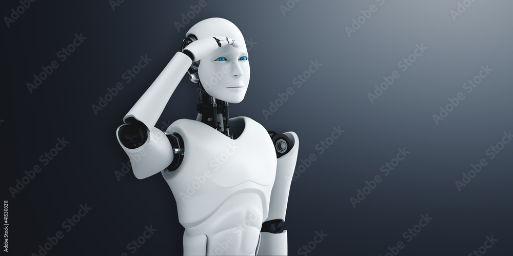 Standing humanoid robot looking forward on clean background 3D illustration