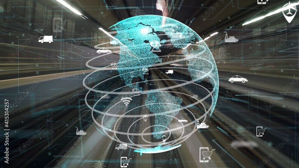 Fast motion transport flow on road with global network graphic modernization showing concept of futu