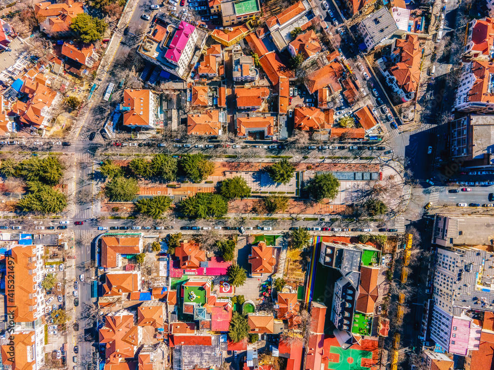 Aerial photography of red roofs and streets of European-style buildings in Qingdao