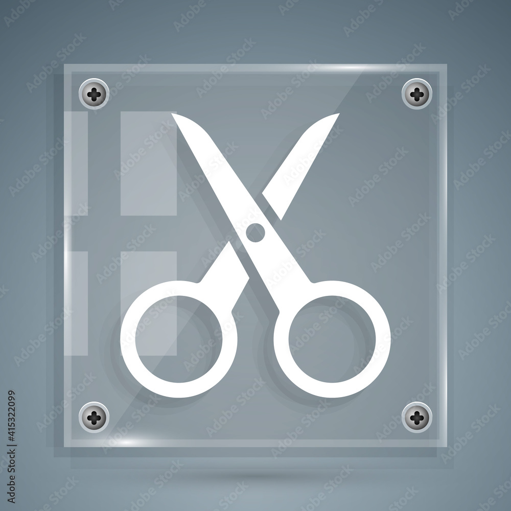 White Scissors icon isolated on grey background. Cutting tool sign. Square glass panels. Vector Illu