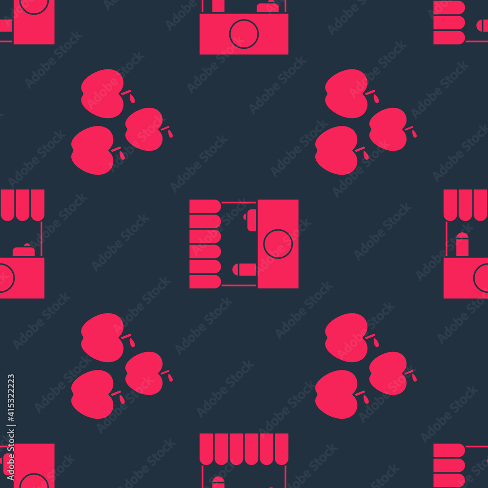 将苹果和街头摊位的遮阳篷设置在无缝图案上。矢量。