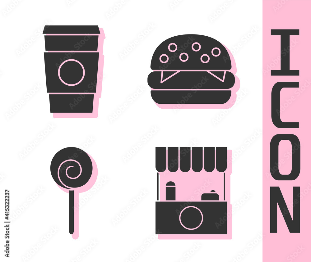 Set Street stall with awning, Coffee cup to go, Lollipop and Burger icon. Vector.