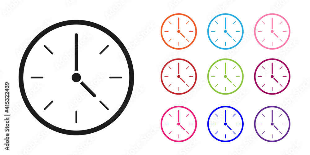 Black Clock icon isolated on white background. Time symbol. Set icons colorful. Vector Illustration.