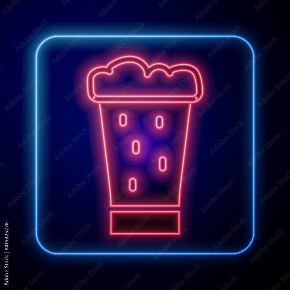 Glowing neon Glass of beer icon isolated on blue background. Vector.