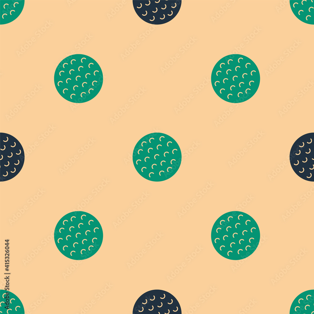 Green and black Golf ball icon isolated seamless pattern on beige background. Vector.