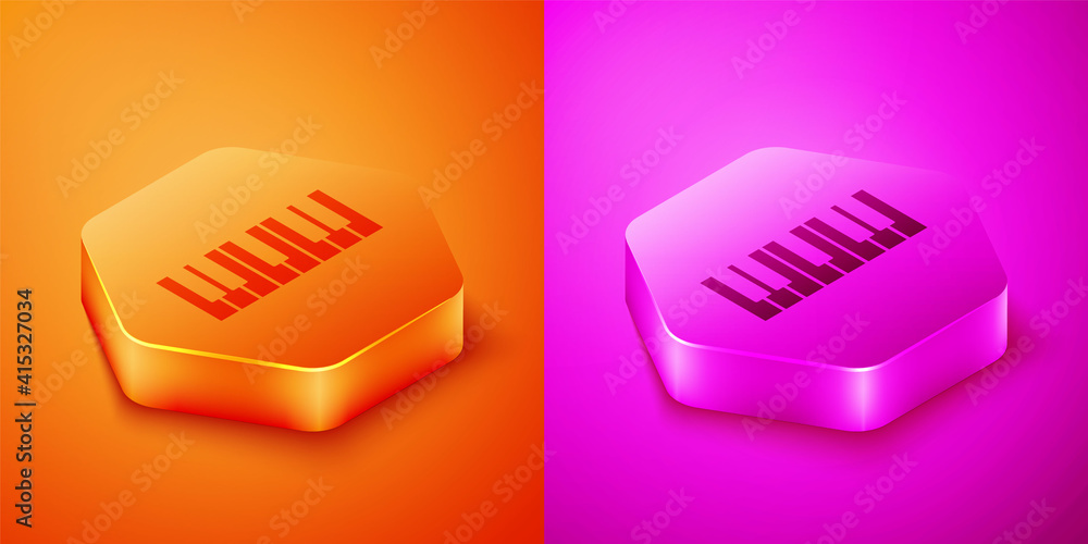 Isometric Music synthesizer icon isolated on orange and pink background. Electronic piano. Hexagon b