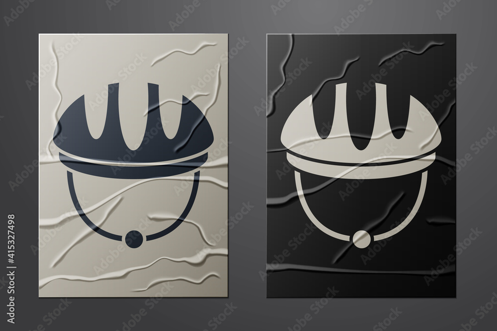 White Bicycle helmet icon isolated on crumpled paper background. Extreme sport. Sport equipment. Pap