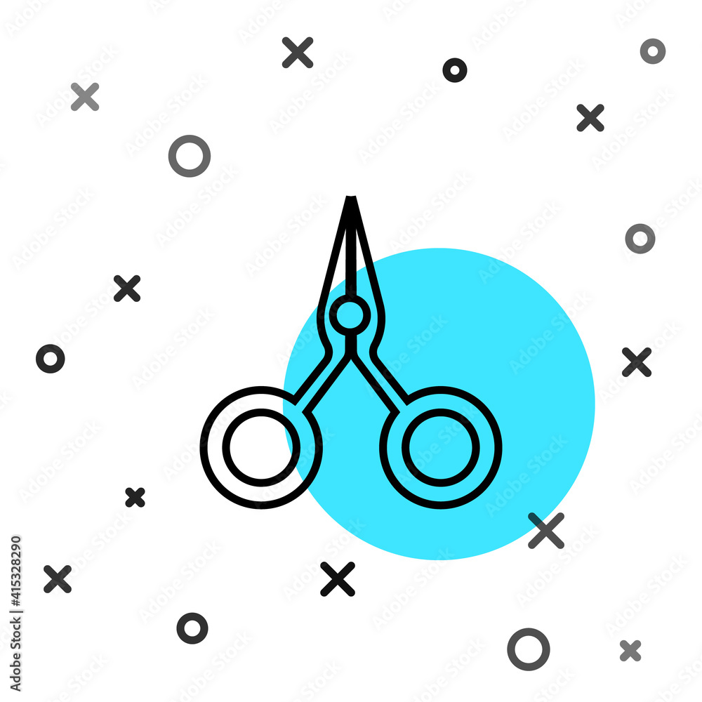 Black line Scissors icon isolated on white background. Cutting tool sign. Random dynamic shapes. Vec