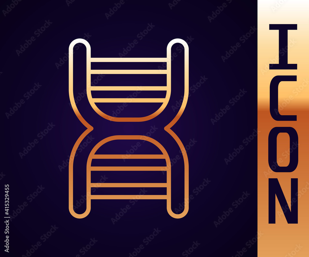 Gold line DNA symbol icon isolated on black background. Vector.