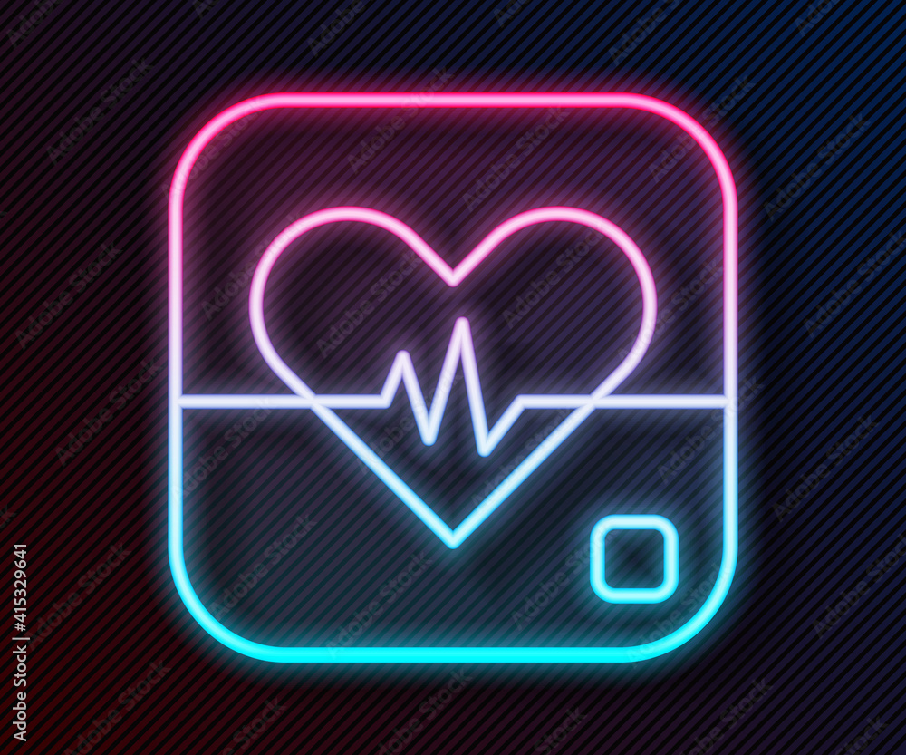 Glowing neon line Heart rate icon isolated on black background. Heartbeat sign. Heart pulse icon. Ca