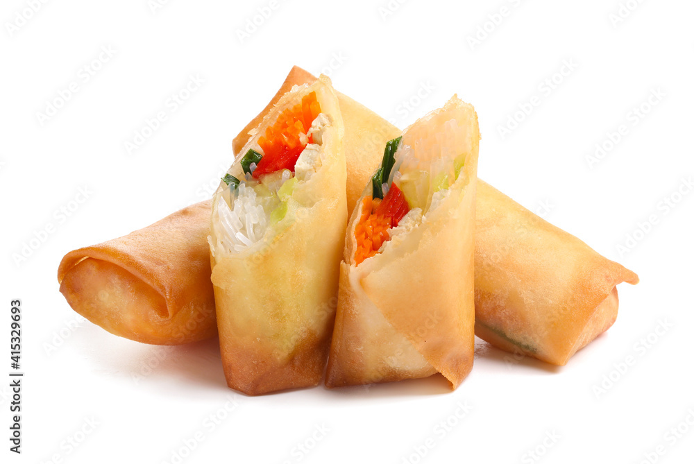 Tasty fried spring rolls on white background