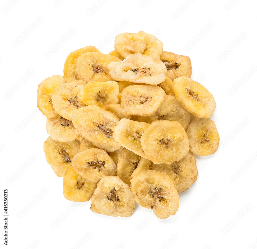 Crispy banana chips on white background