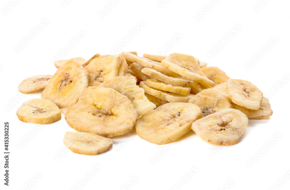 Crispy banana chips on white background