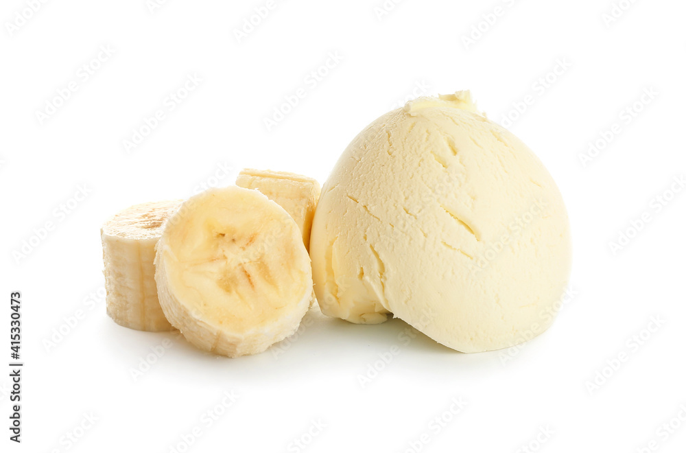 Tasty banana ice-cream on white background