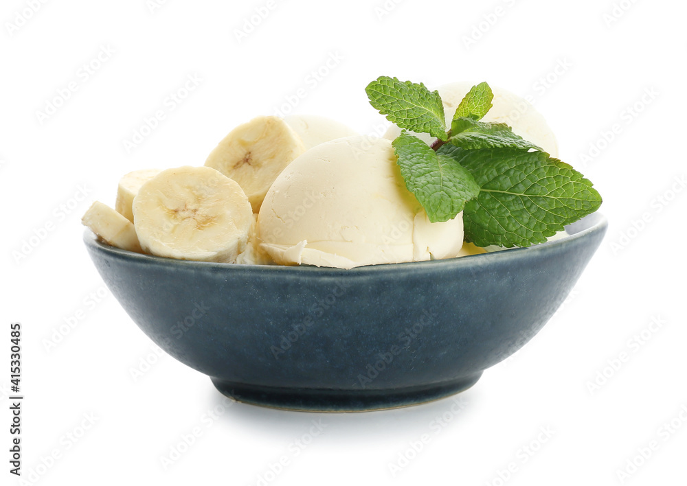 Plate with tasty banana ice-cream with mint on white background