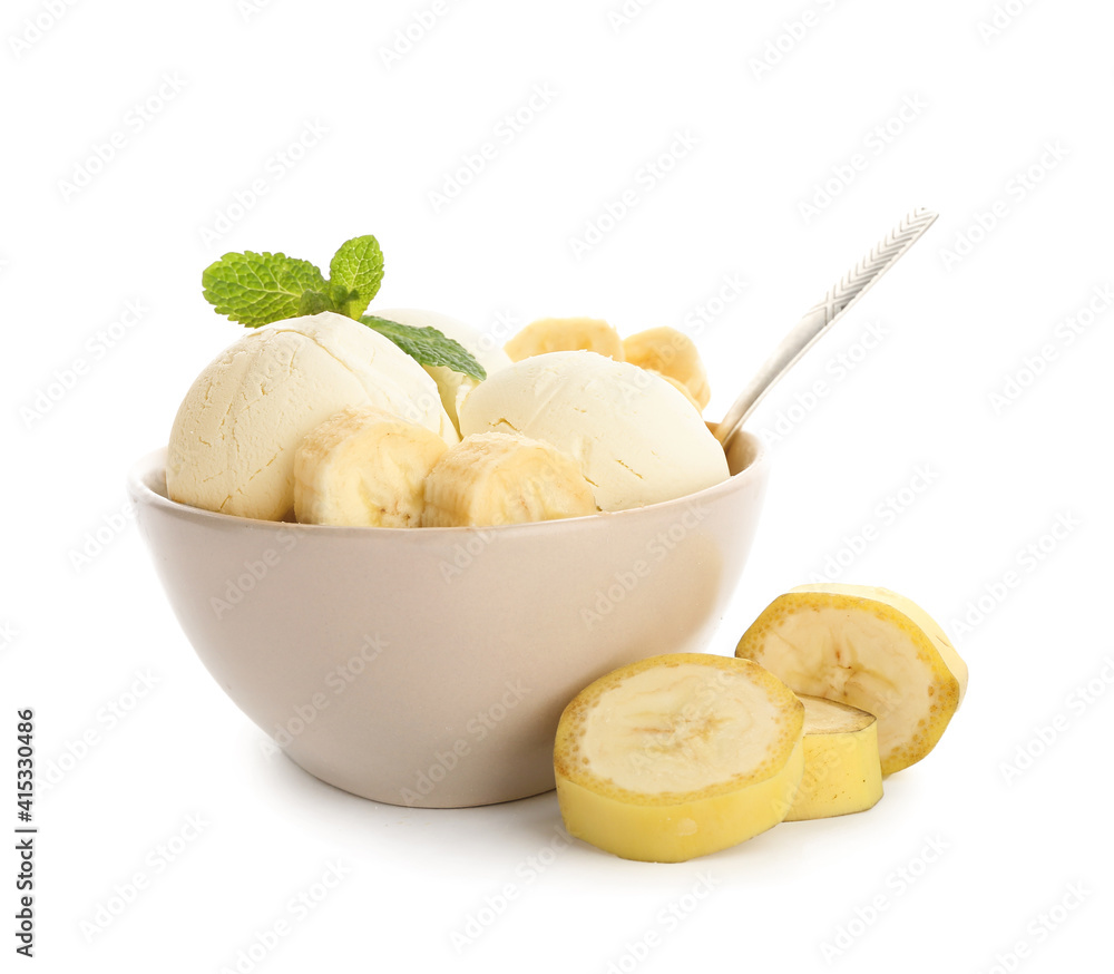 Tasty banana ice-cream in bowl on white background