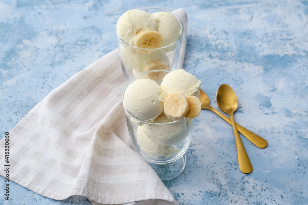 Tasty banana ice-cream on color background