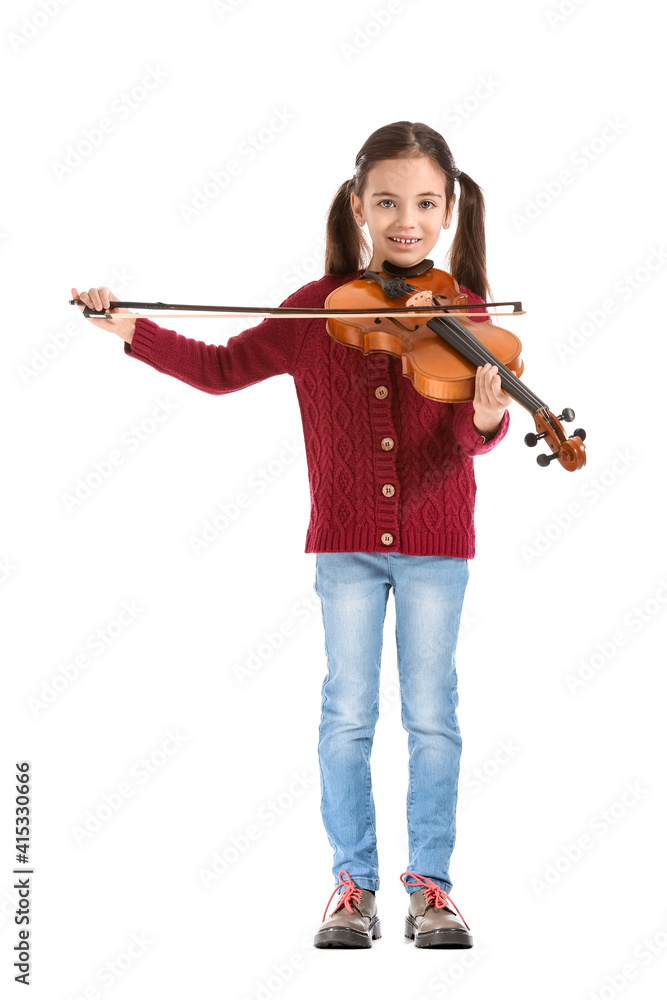 Little girl playing violin on white background