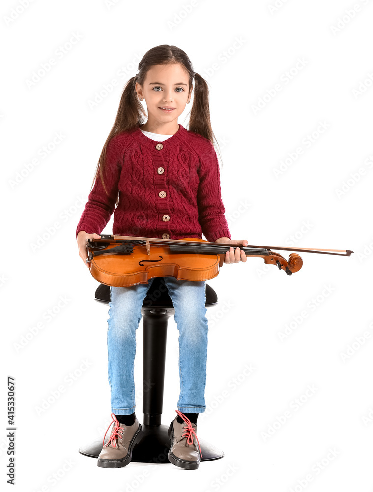 Little girl with violin on white background