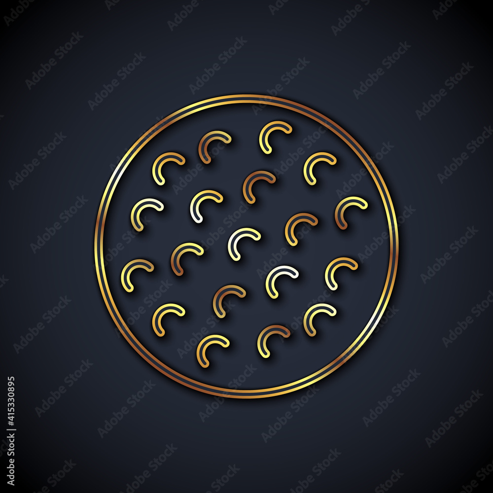 Gold line Golf ball icon isolated on black background. Vector.