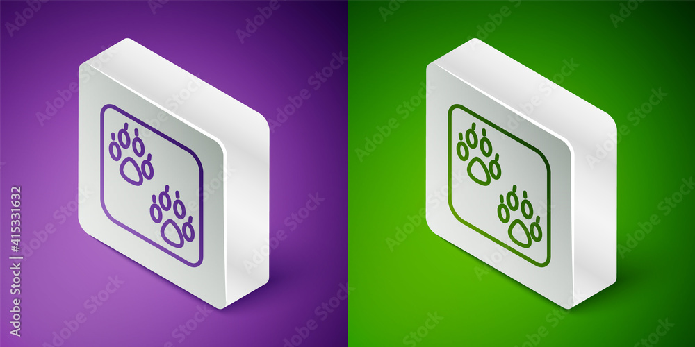 Isometric line Paw print icon isolated on purple and green background. Dog or cat paw print. Animal 