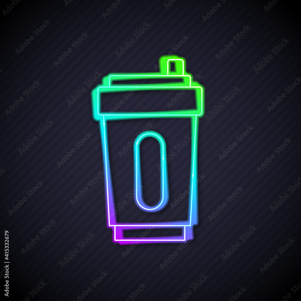 Glowing neon line Sport bottle with water icon isolated on black background. Vector.