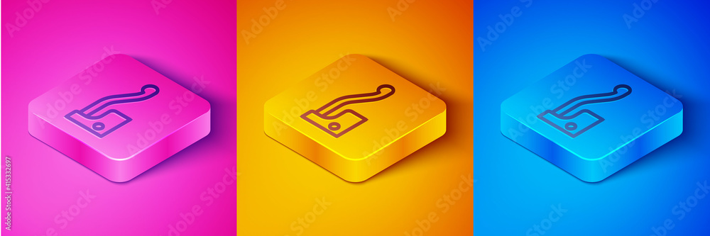 Isometric line Bicycle brake icon isolated on pink and orange, blue background. Square button. Vecto