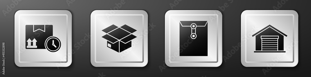 Set Cardboard box and fast time, Carton cardboard box, Envelope and Warehouse icon. Silver square bu